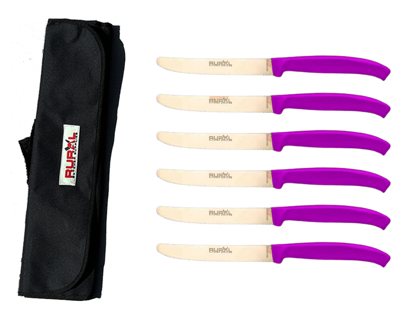 6 piece steak knife set with carry bag
colourful steak knife set
premium kitchen knife set
portable knife set for BBQ and camping
stainless steel steak knives