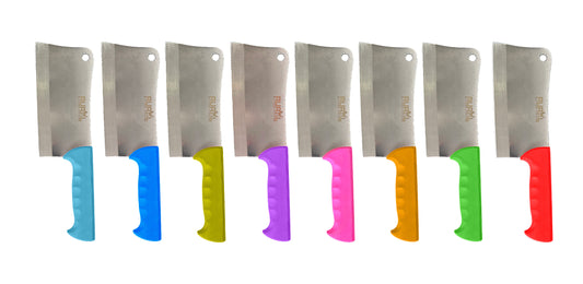 A series of meat cleavers with stainless steel blades and handles in various colors including blue, black, green, orange, pink, and yellow.