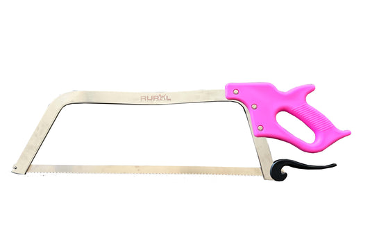 A professional meat handsaw with a neon pink HDPE handle and stainless steel frame and blades.