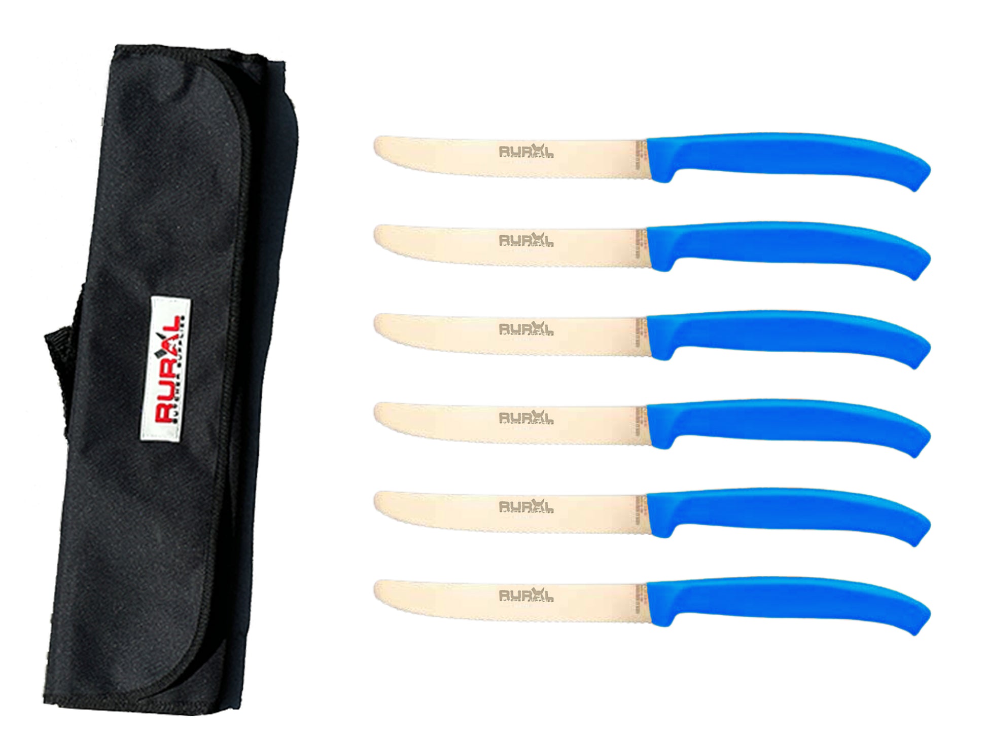 6 piece steak knife set with carry bag
colourful steak knife set
premium kitchen knife set
portable knife set for BBQ and camping
stainless steel steak knives