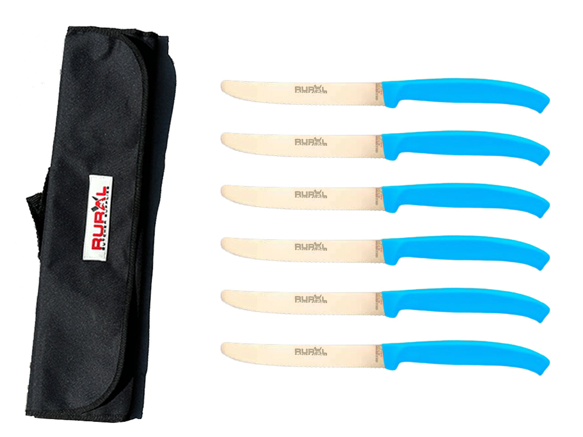 6 piece steak knife set with carry bag
colourful steak knife set
premium kitchen knife set
portable knife set for BBQ and camping
stainless steel steak knives