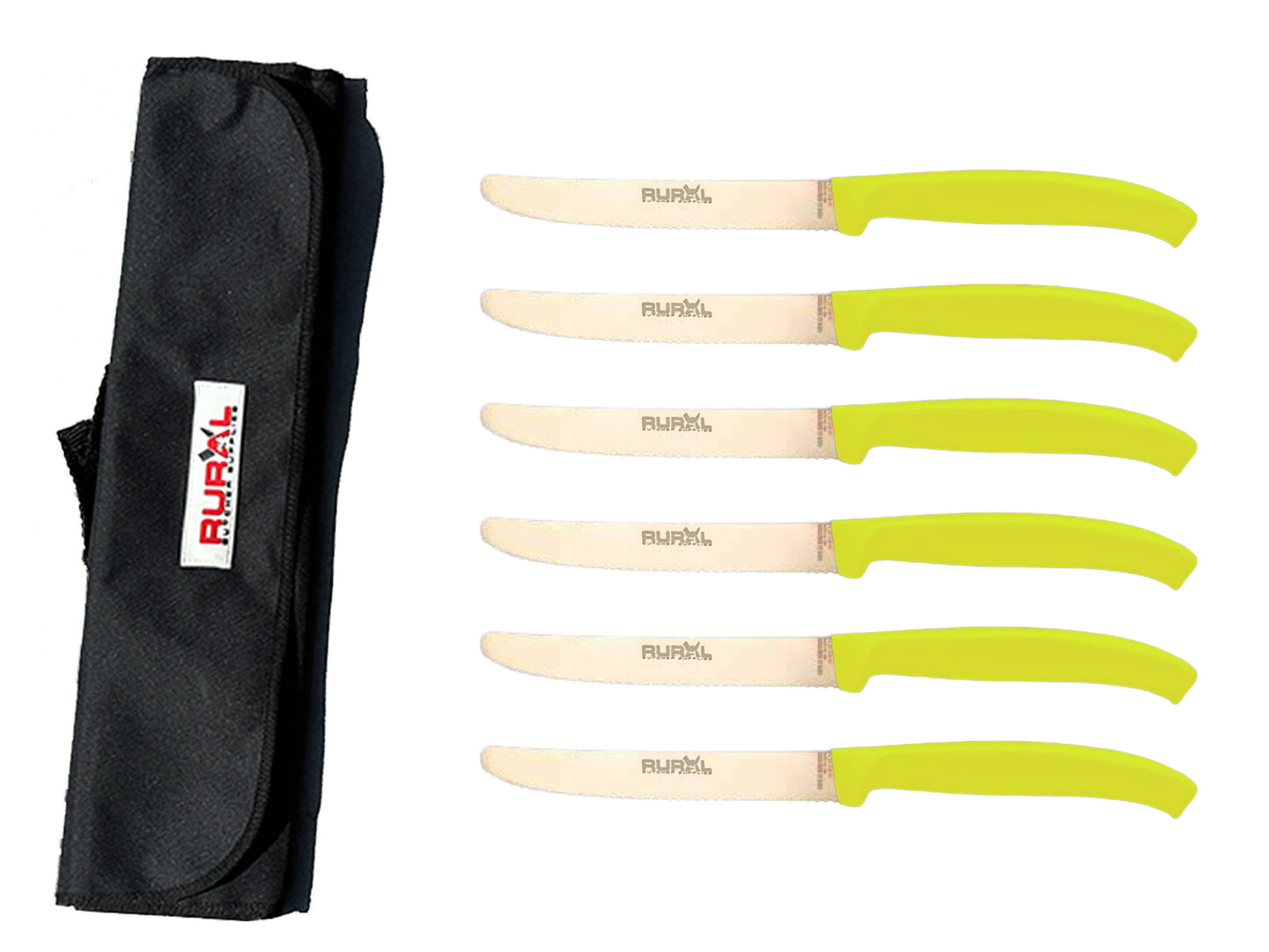 6 piece steak knife set with carry bag
colourful steak knife set
premium kitchen knife set
portable knife set for BBQ and camping
stainless steel steak knives