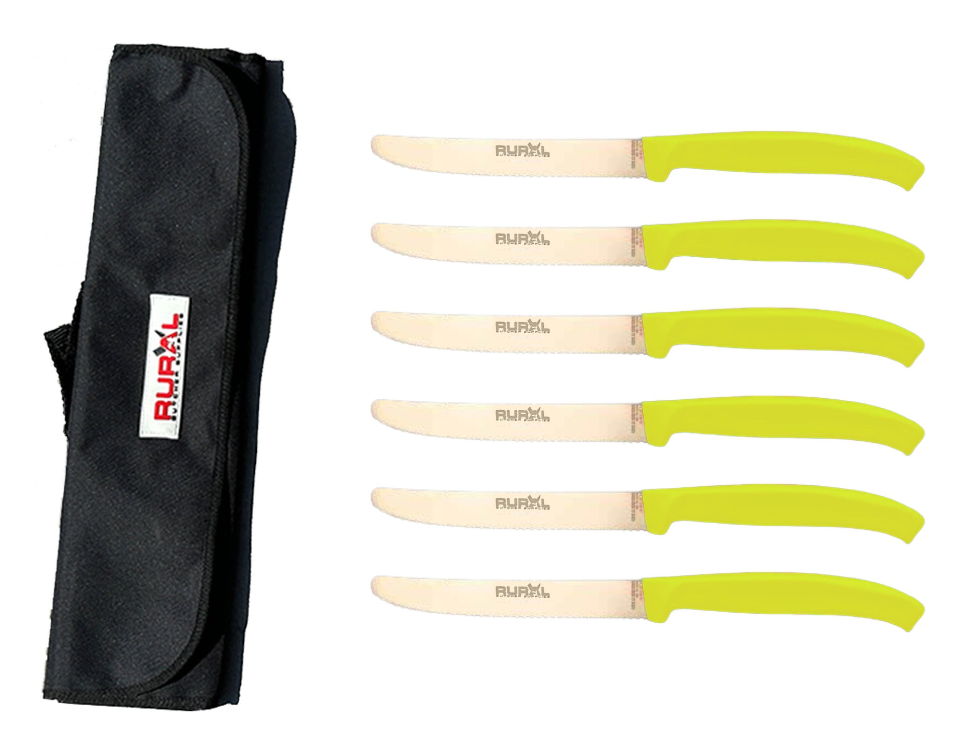 6 piece steak knife set with carry bag
colourful steak knife set
premium kitchen knife set
portable knife set for BBQ and camping
stainless steel steak knives