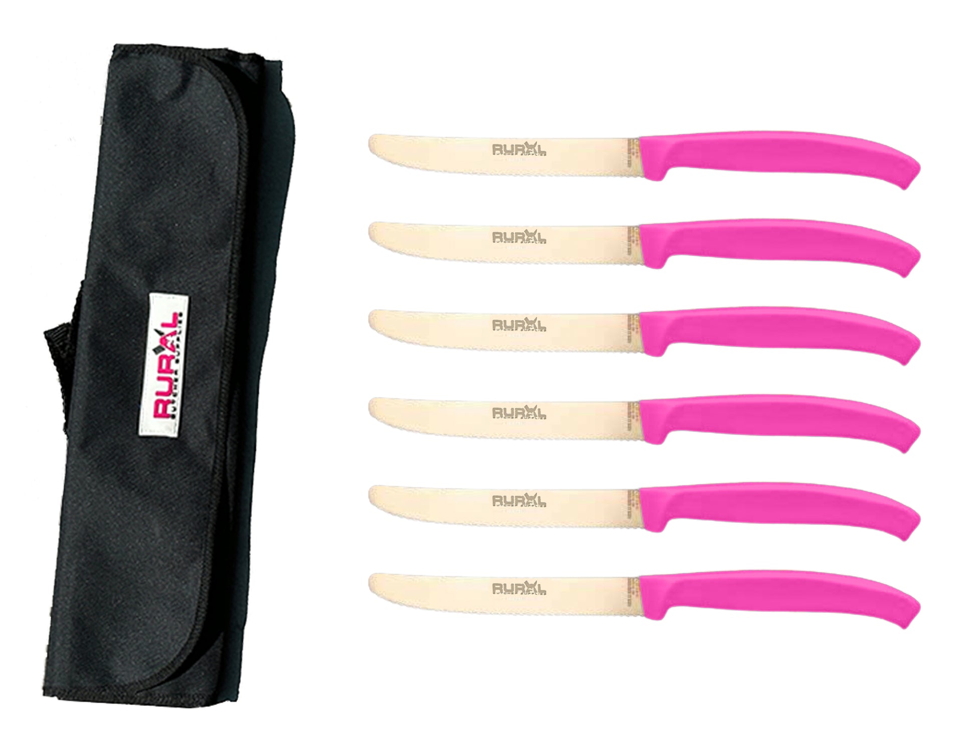 6 piece steak knife set with carry bag
colourful steak knife set
premium kitchen knife set
portable knife set for BBQ and camping
stainless steel steak knives
