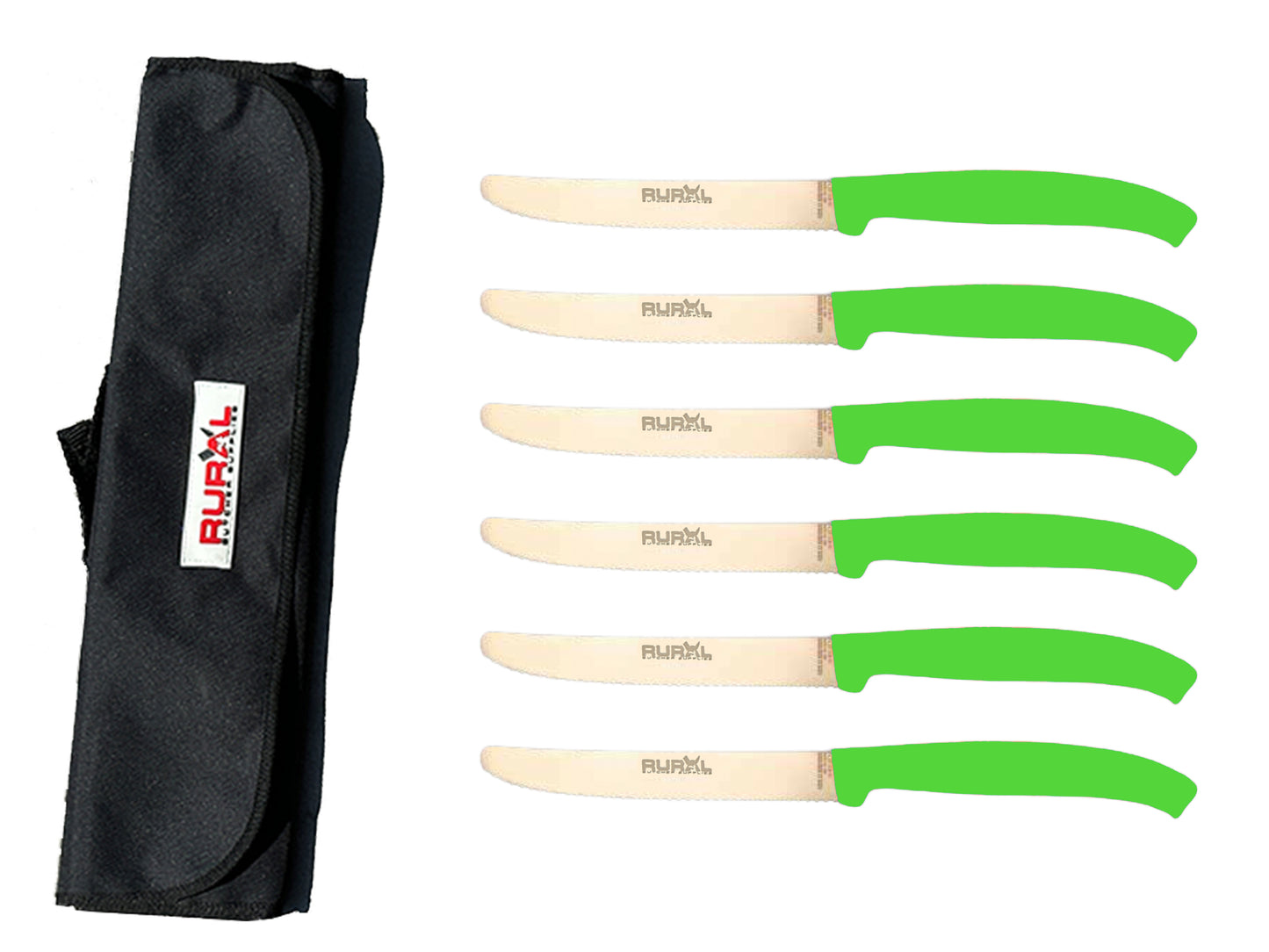 6 piece steak knife set with carry bag
colourful steak knife set
premium kitchen knife set
portable knife set for BBQ and camping
stainless steel steak knives