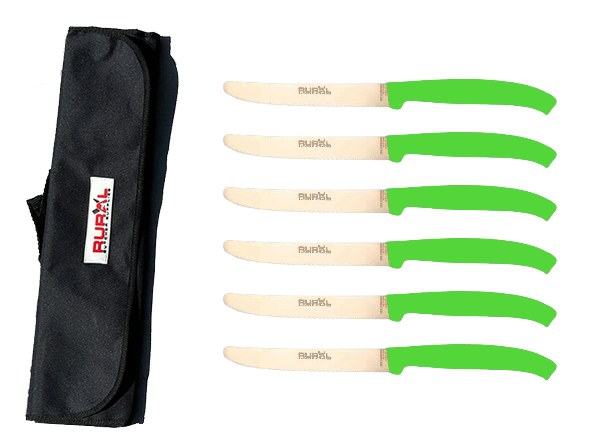 6 piece steak knife set with carry bag
colourful steak knife set
premium kitchen knife set
portable knife set for BBQ and camping
stainless steel steak knives
