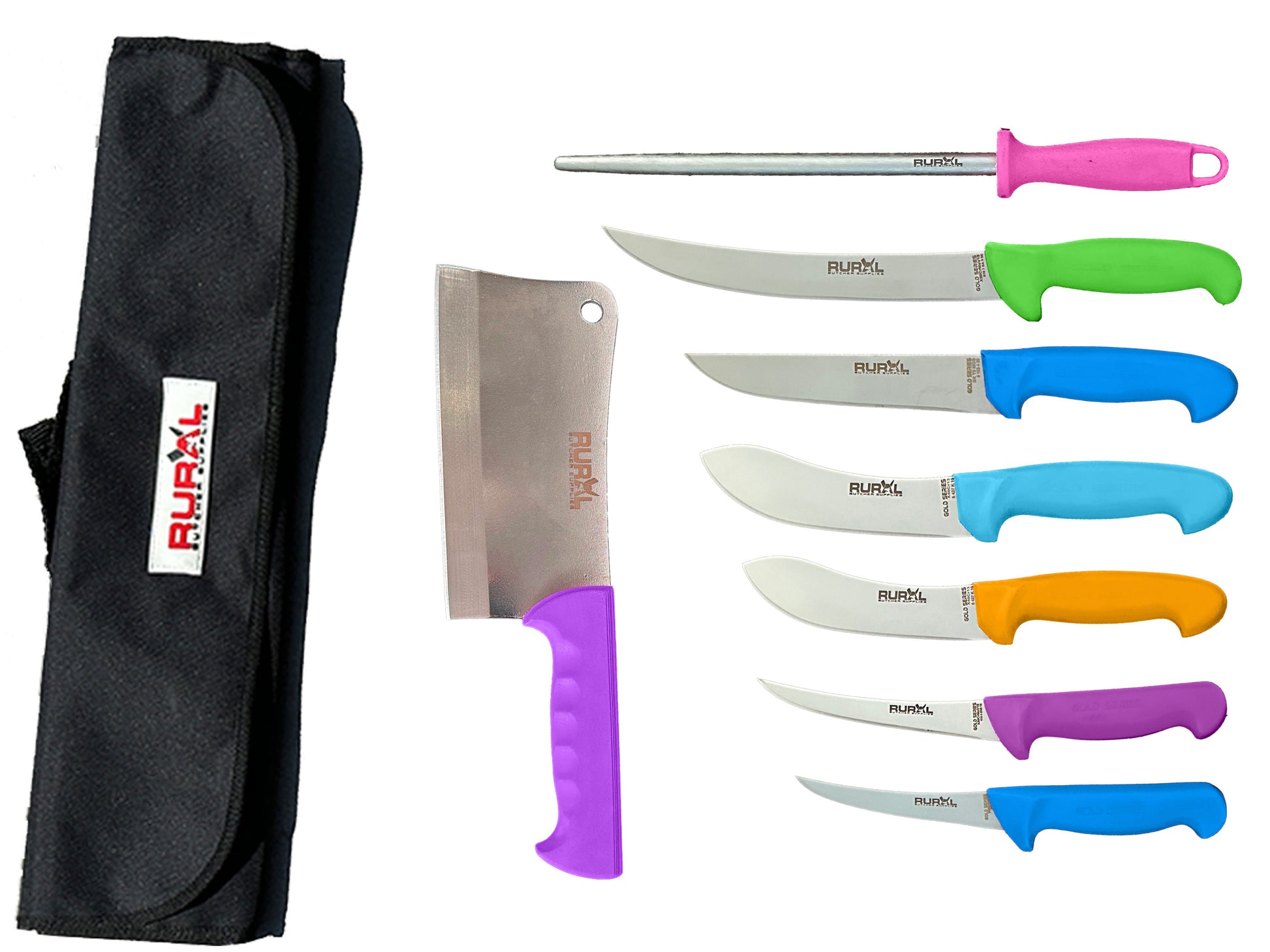 7-piece professional butchers knife set with cleaver, boning knives, skinning knives, steak knife, butcher knife and honing steel with coloured handles and carry bag